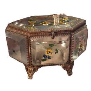 Victorian Antique beveled glass jewelry box hand painted floral